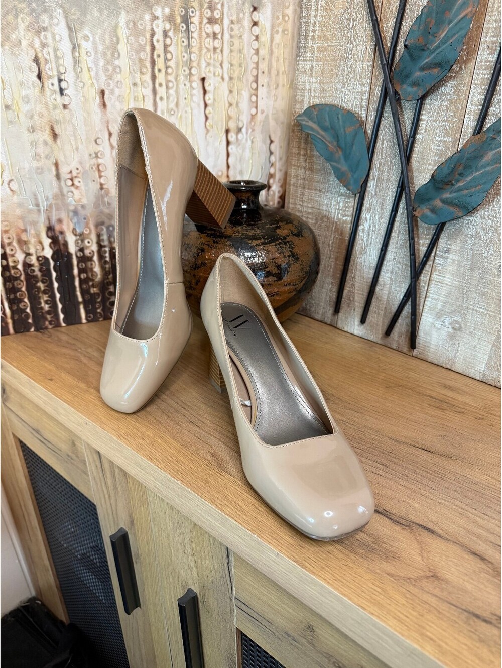Worthington Womens 8.5 Beige Patent Leather Block Heel Pumps